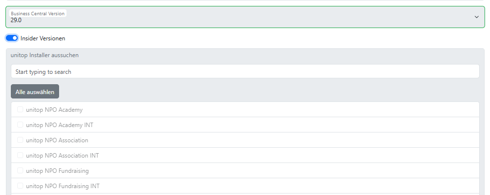 Versionsauswahl mit aktiviertem Insider-Version-Schalter – zeigt verfügbare Insider Preview Versionen