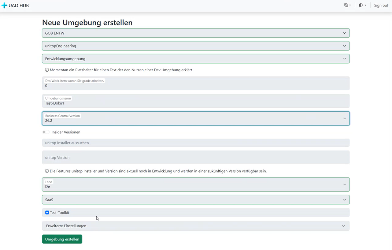 Neue Umgebung erstellen: Ausgefüllt (Quickstart)