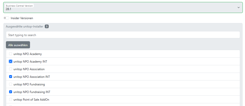 Versionsauswahl mit deaktiviertem Insider-Version-Schalter – zeigt nur reguläre BC-Versionen