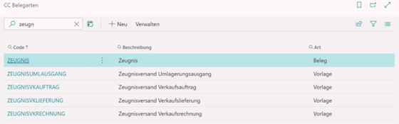 Zeigt die CC Belegartenliste mit möglichen Zeugnissen.
