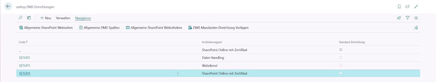 Zeigt die Liste unitop DMS Einrichtungen mit mehreren Setups. Je ein Setups für eine Archivierungsart.