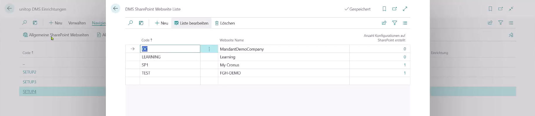 Zeigt die Liste DMS SharePoint Webseite Liste mit Einträgen für unterschiedliche Webseiten.