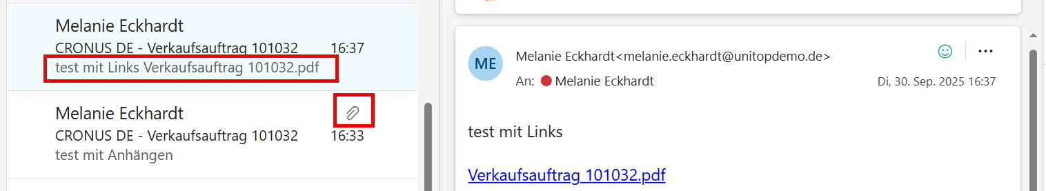 Gegenüberstellung: Zeigt einmal eine E-Mail mit Link und mit Anhang