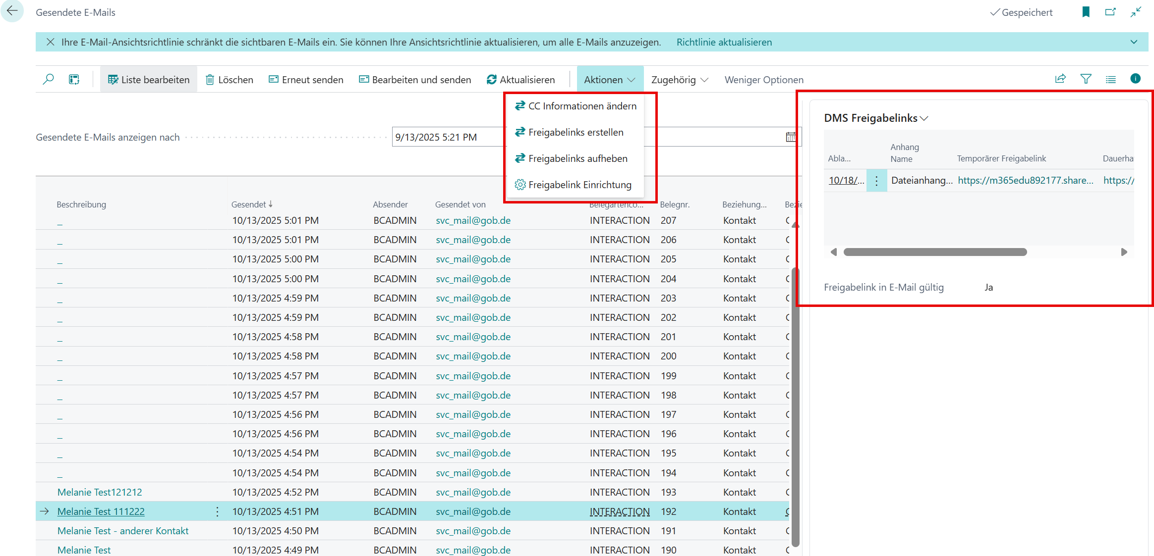 Übersicht gesendeter E-Mails mit Infobox für Freigabelinks und Ablaufdatum