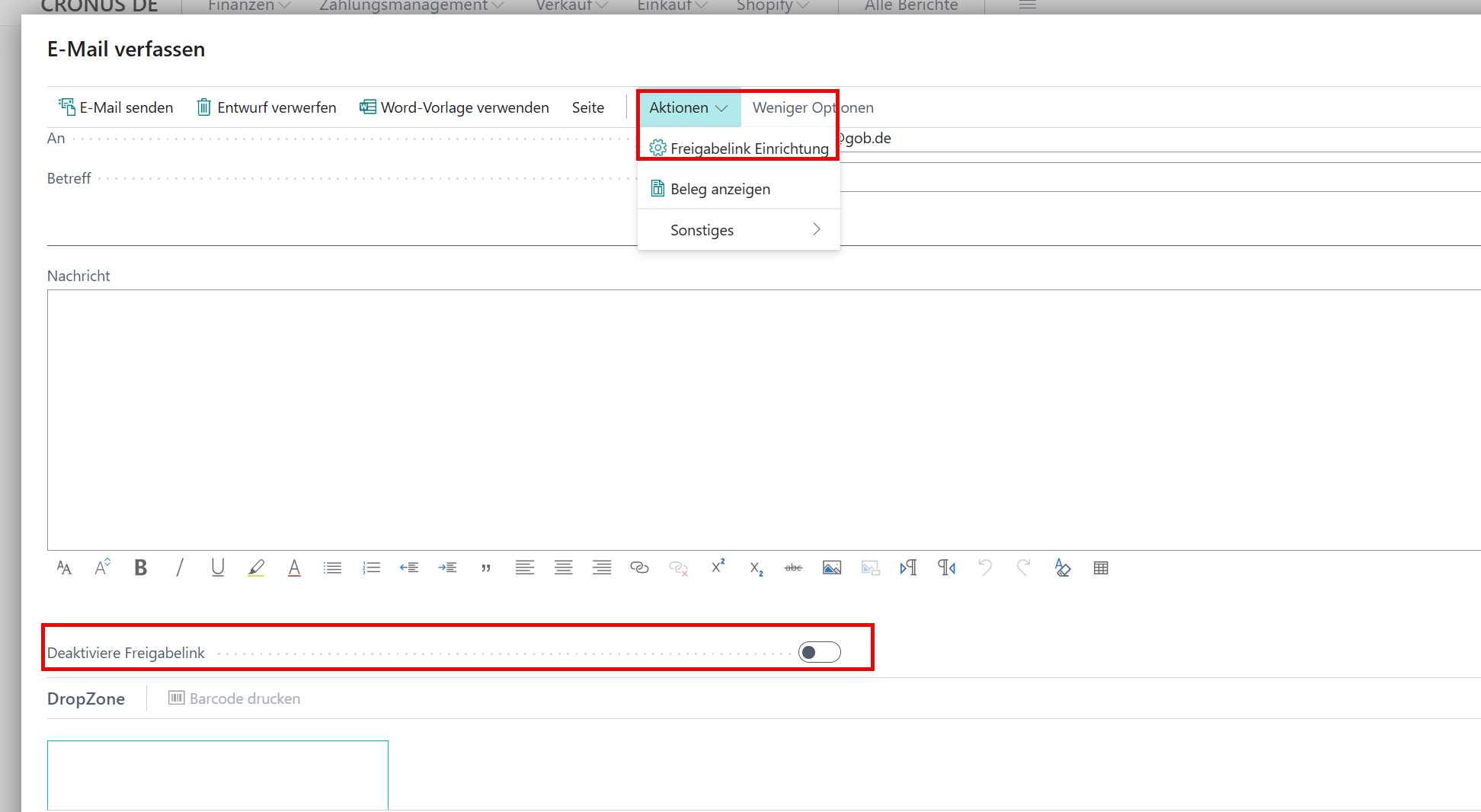 E-Mail-Dialog für manuelle E-Mails mit Freigabelink-Funktionen und Dropzone für Anhänge