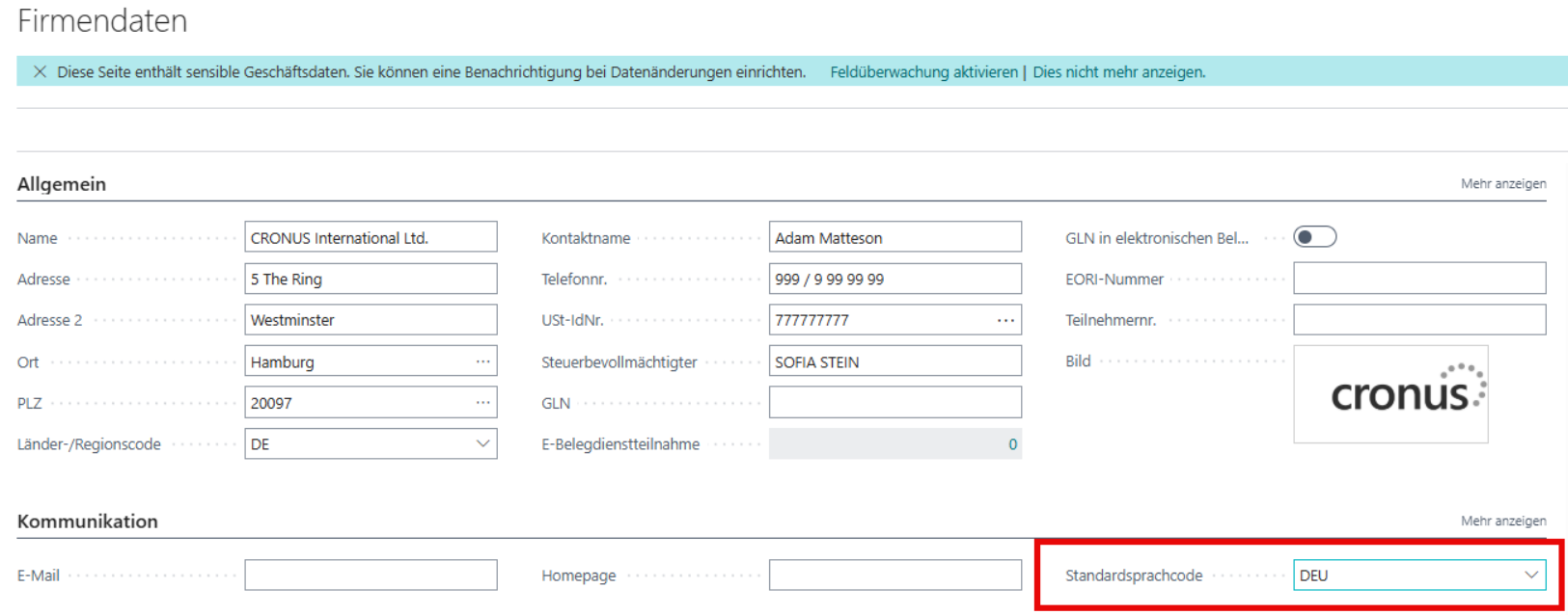 Standardsprachcode in den Firmendaten