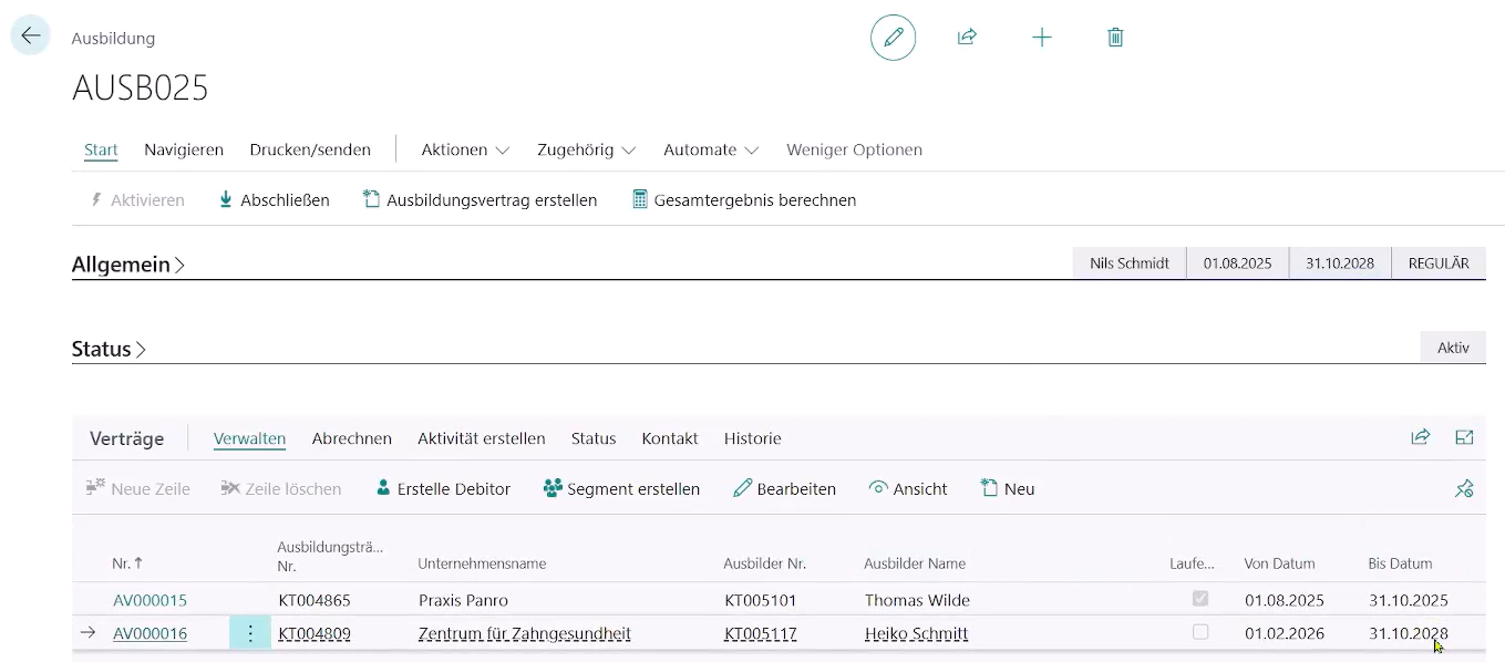 Ausbildungskarte mit übereinstimmenden Datumswertes für das Ende der Ausbildung