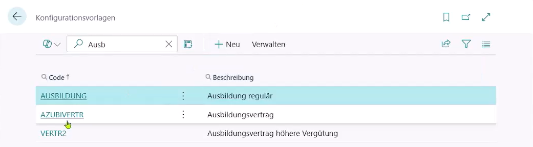 Konfigurationsvorlagen Liste: Ausbildung regulär, Ausbildungsvertrag, Ausbildungsvertrag höhere Vergütung