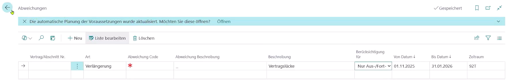 Abweichungseinrichtung für Vertragslücke