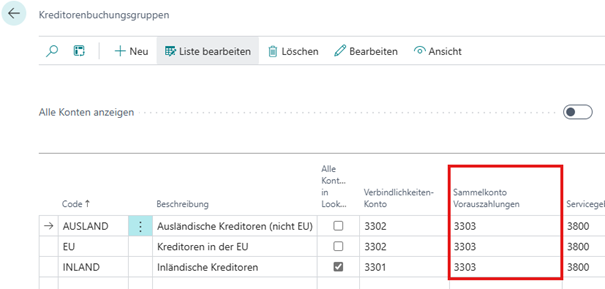 Vorauszahlungs-Verbindlichkeitskonten einrichten