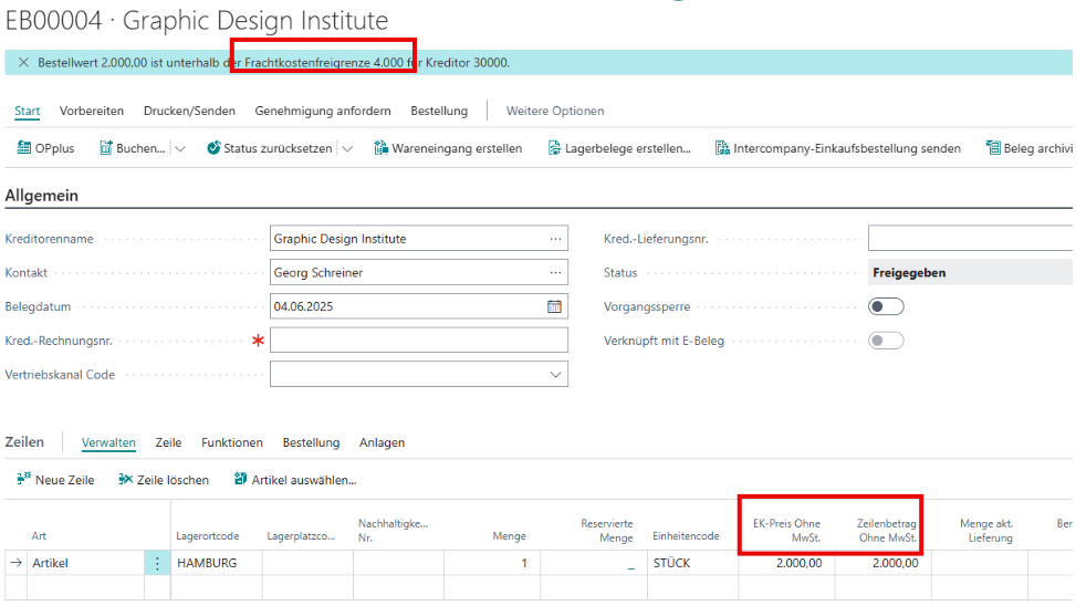 Benachrichtung nach Prüfung mit Anmerkung auf Frachkostengrenze