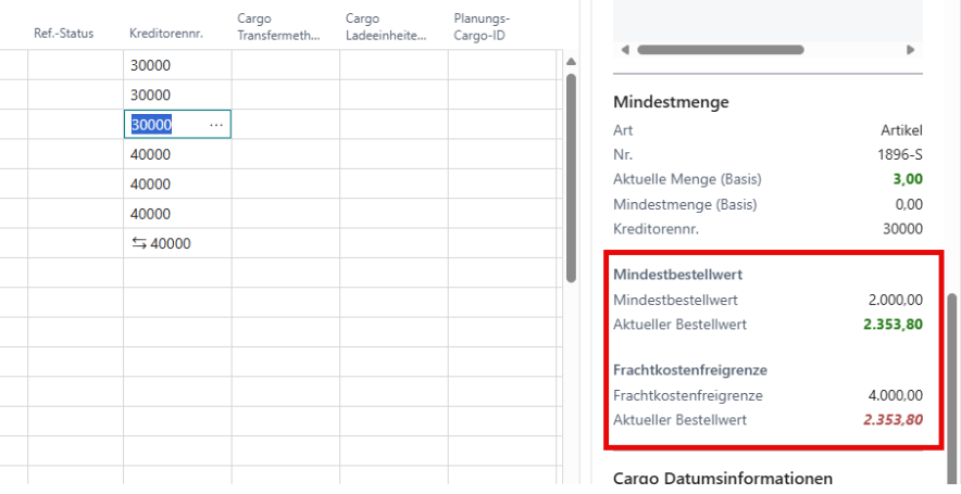 Mindestbestellwerte und Frachkostenfreigrenze in der Infobox
