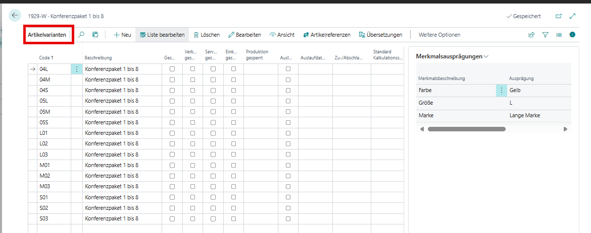 Artikelvarianten-Ergebnis als Liste
