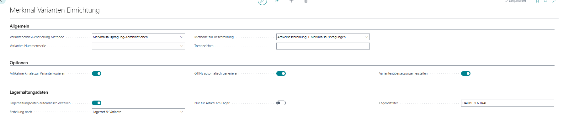 Variantenerstellung Merkmal Einrichtung