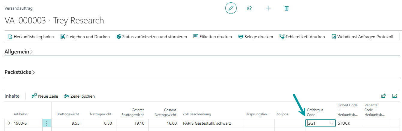 Übernahme von Gefahrgutangaben in den Versandauftrag