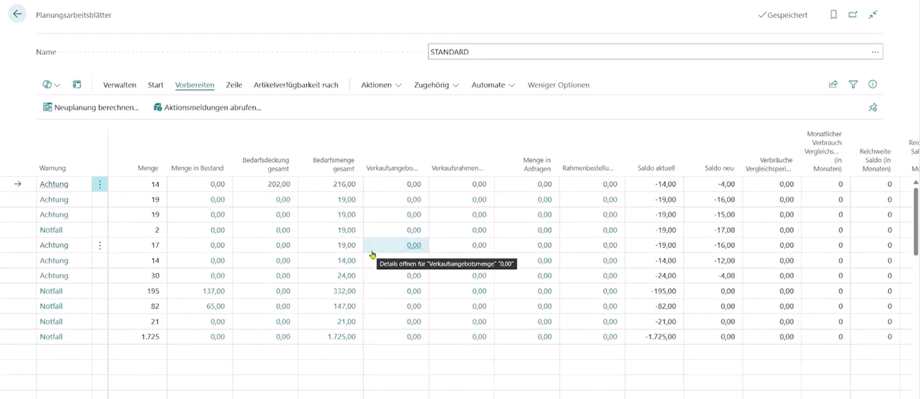 Zeigt die Planungsarbeitsblätter-Liste mit den unitop Feldern der Erweiterten Planung