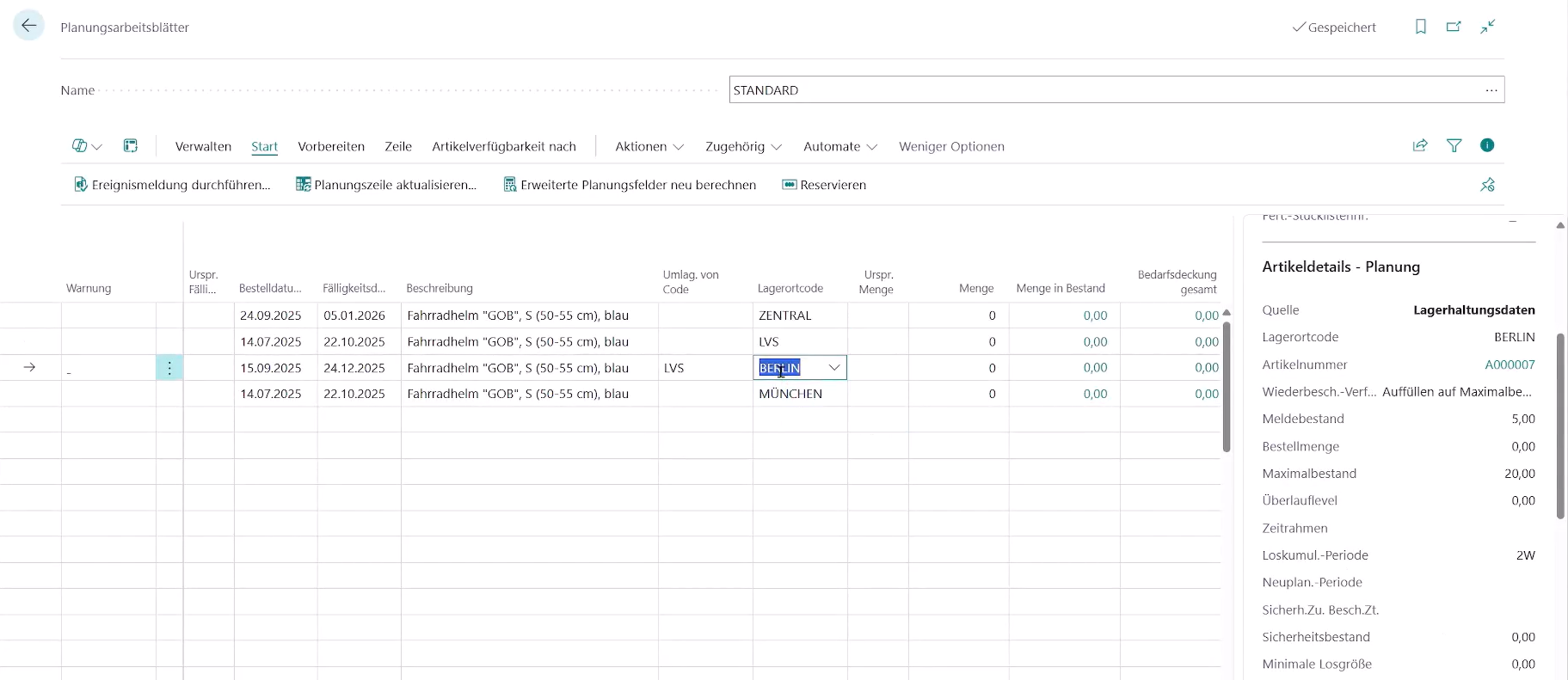Zeigt die Planungsarbeitsblätter mit den Infoboxen für den Berliner Lagerort