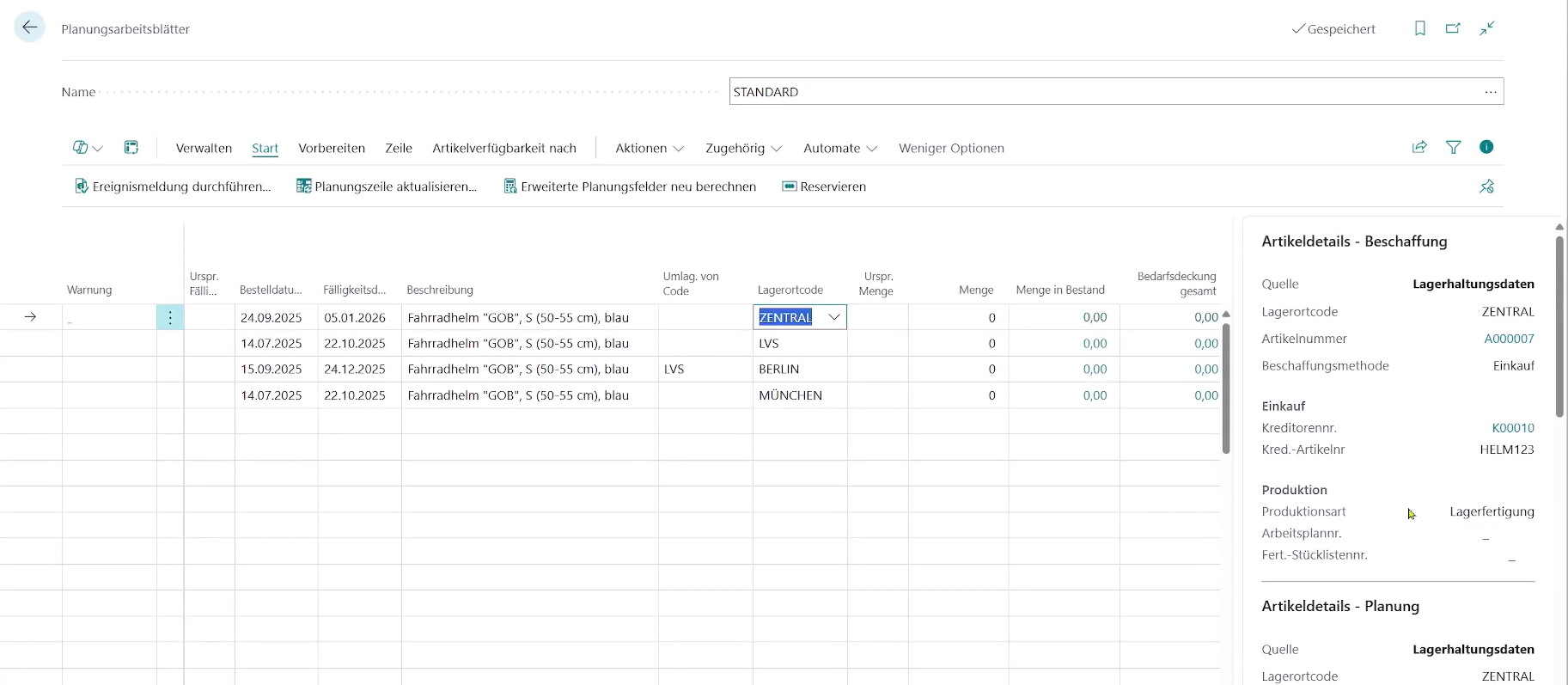 Zeigt die Planungsarbeitsblätter mit den Infoboxen für den zentralen Lagerort