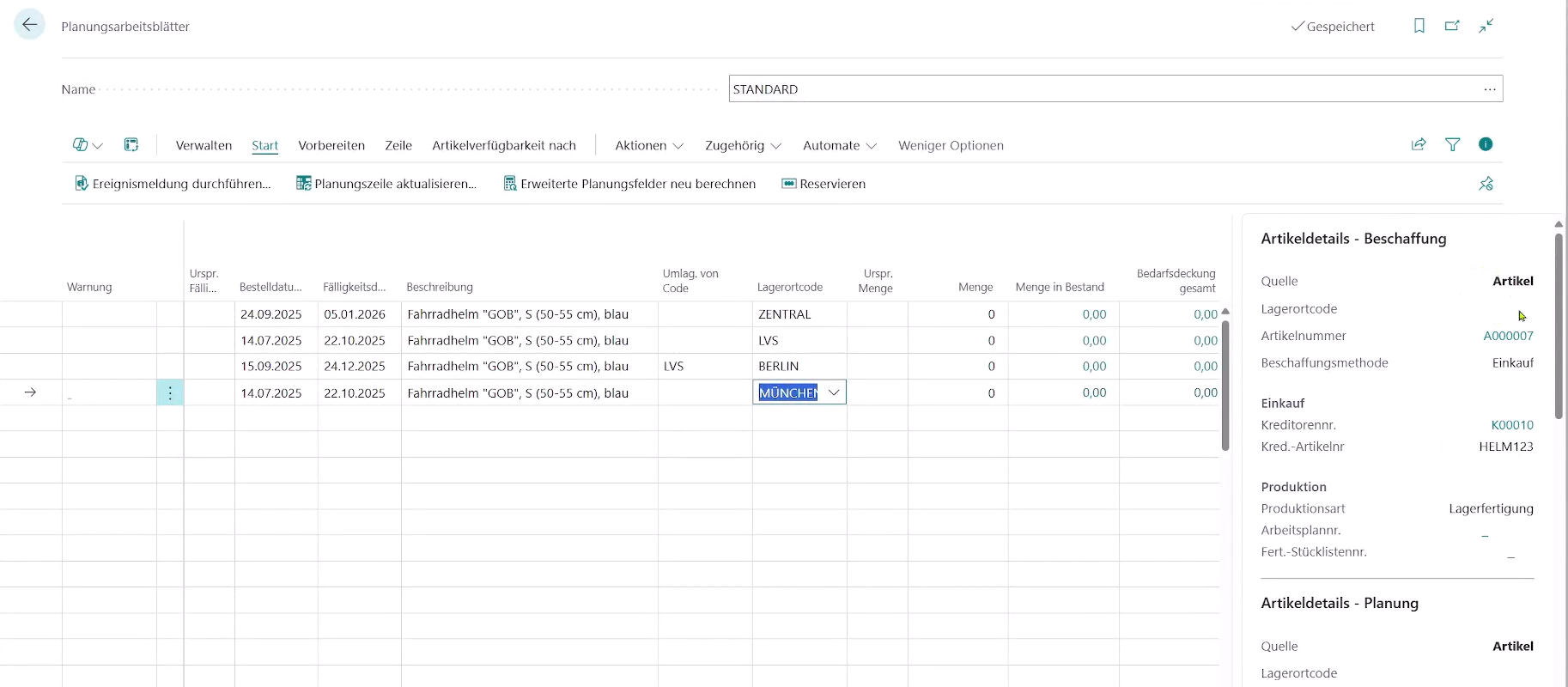 Zeigt die Planungsarbeitsblätter mit den Infoboxen für den Münchener Lagerort