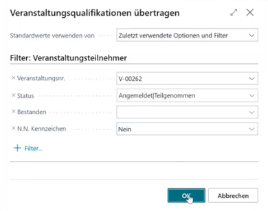Zeigt die Filtereinstellungen, um Qualifikationen einr bestimmten Veranstaltungsnummer zuzuordnen.
