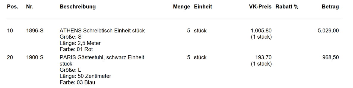 Beispiel von Positionen mit Merkmalen, Mengen, Preisen, Rabatten und Betrag