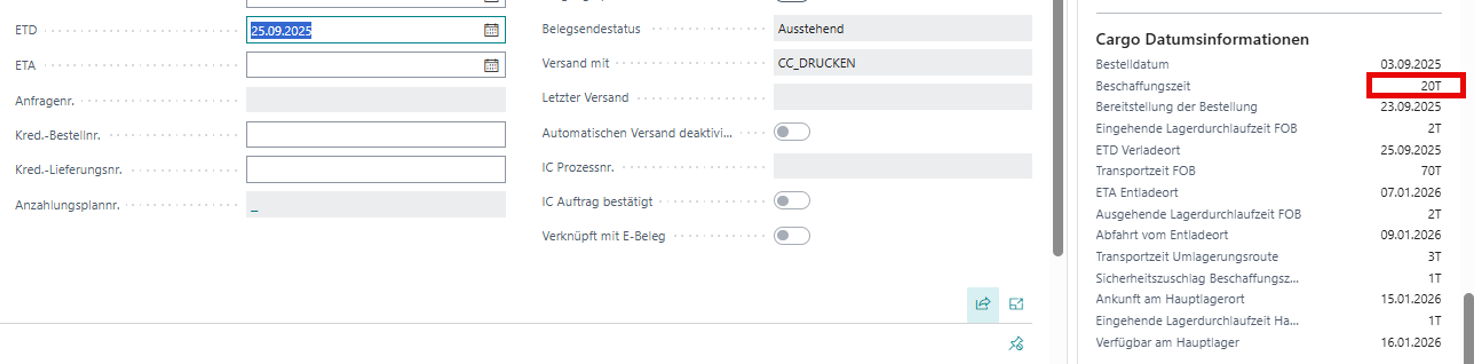 Hervorherbung der Beschaffungszeit in den Cargo Datumsinformationen