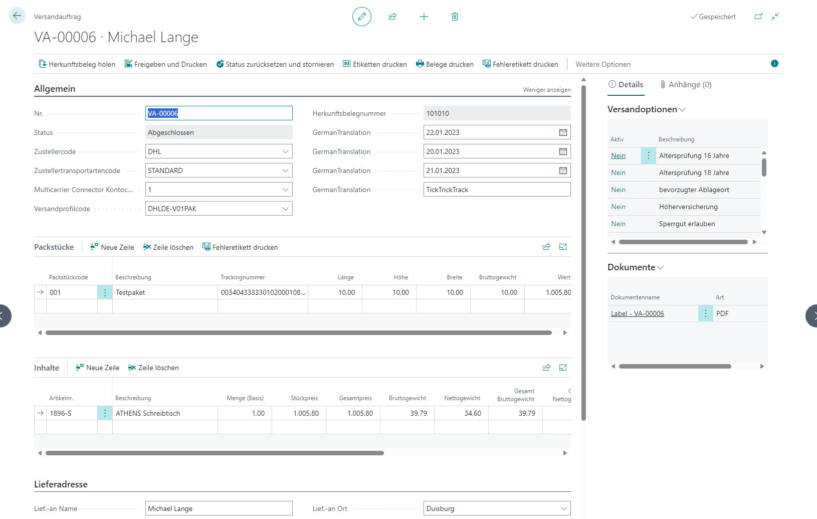 Versandauftrag in Business Central mit Kopfdaten, Zusteller- und Transportartauswahl sowie Lieferadresse