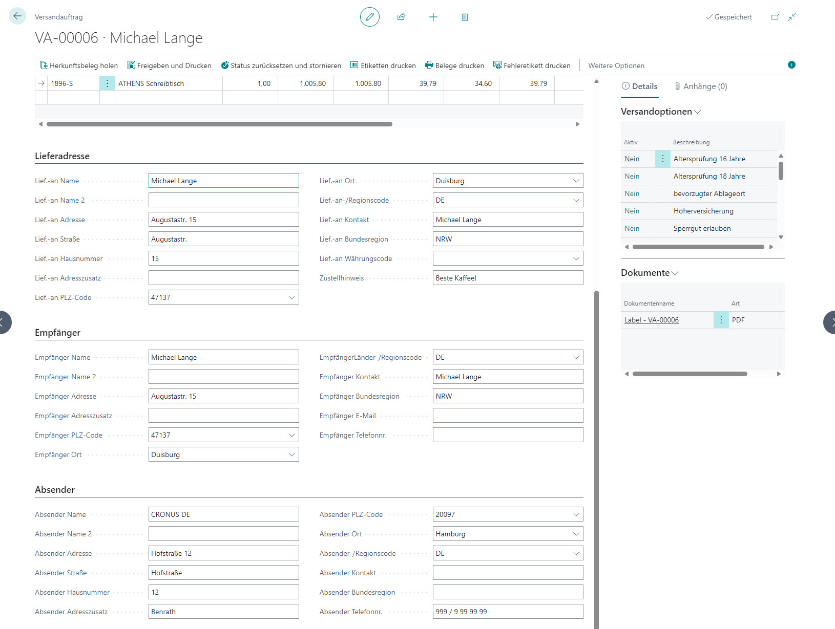Versandauftrag mit Packstückdetails, Gewichts- und Maßangaben sowie Sendungsübersicht