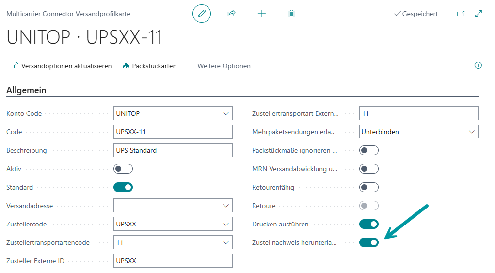 Zustellnachweis herunterladen auf Versandprofilkarte