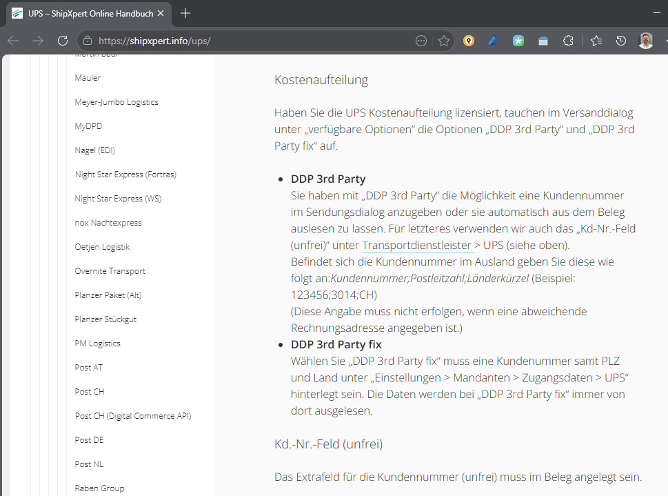 Beispiel aus dem ShipXpert-Handbuch: Hinterlegung der Konto-Information für "unfrei 3rd Party" in der Weboberfläche (Beispiel UPS)