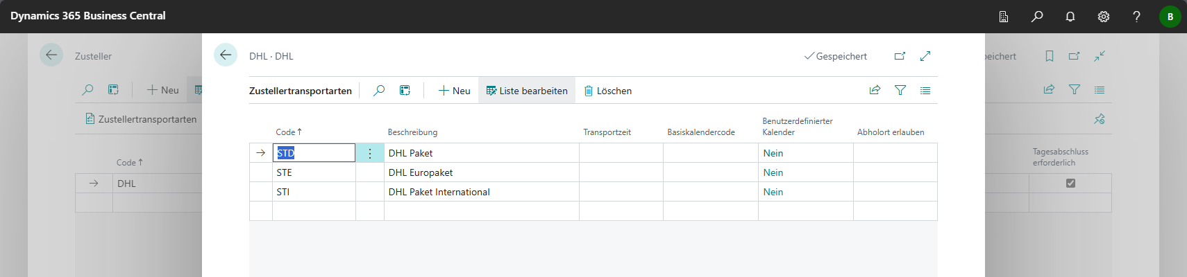 Detailansicht der Zustellerkarte für DHL mit Transportarten