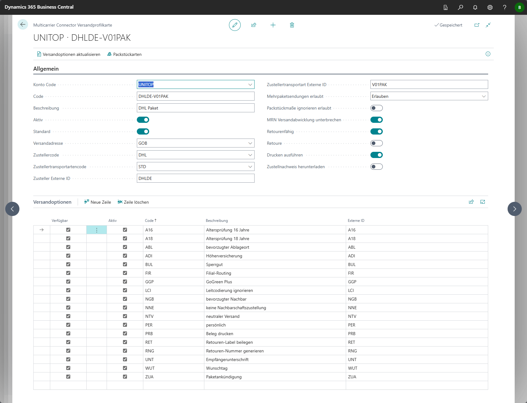 Versandprofilkarte für DHL mit detaillierten Einstellungen und Zuordnungen
