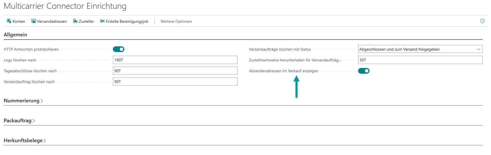 Multicarrier Connector Einrichtung mit aktiviertem Feld "Absenderadressen im Verkauf anzeigen"