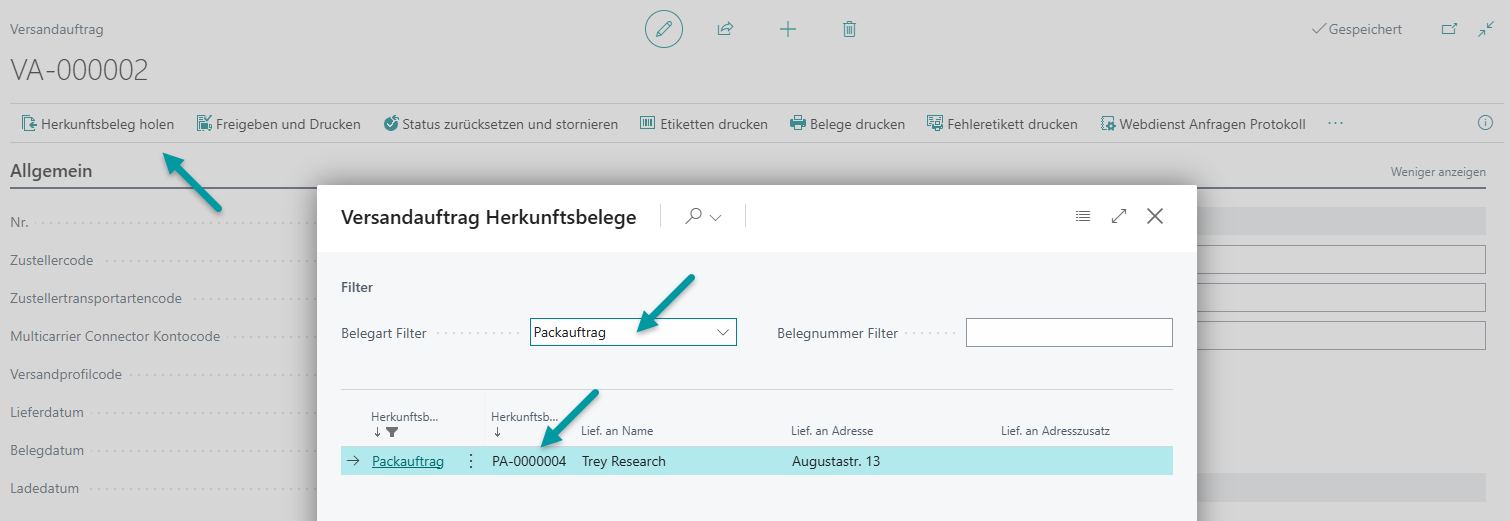 Versandauftrag während der manuellen Erzeugung auf Basis eines Packauftrags