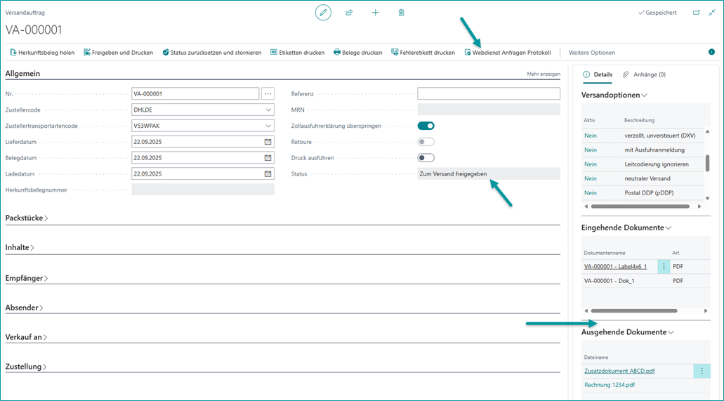 Versandauftrag mit Foku auf Webdienst Anfragen Protokoll, Status und ausgeblendeter DropZone