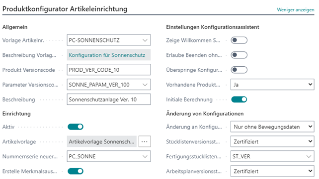 Artikeleinrichtung initial gefüllte Felder