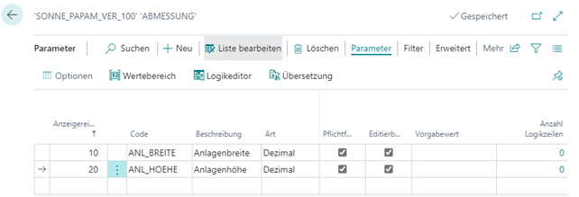 Angabe der Parametergruppe: Abmessung