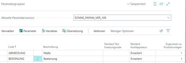 Ansicht der Parameterversion "SONNE_PAPAM_VER_100"