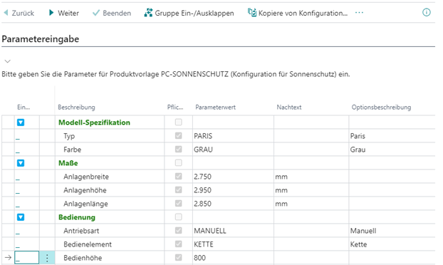 Geänderte Parameterfür PC-Sonnenschutz