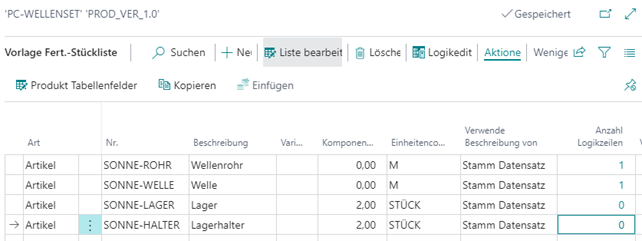 Fertiguntsstückliste: Vorlage Fertigungsstückliste für PC-Wellenset