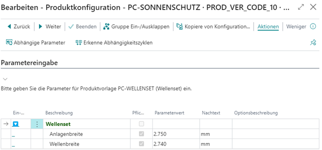 Produktkonfiguration Übersicht PC-Wellenset