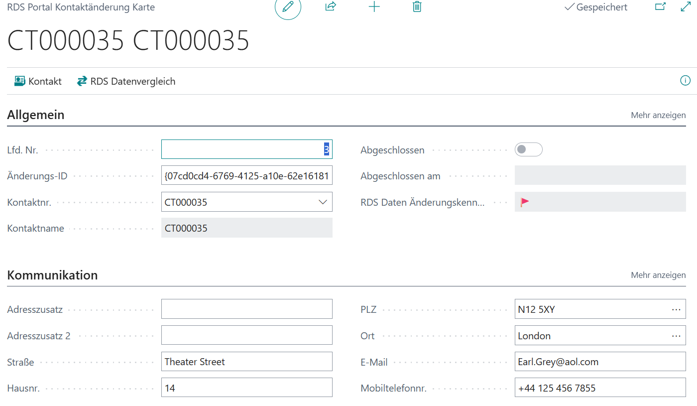Zeigt die "RDS Portal Kontaktänderung Karte" und die hervogehobene Markierung (Flag).