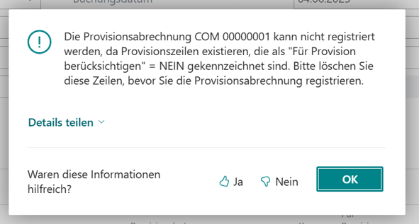 Dialog bei fehlerhafter Registrierung der Provisionsabrechnung