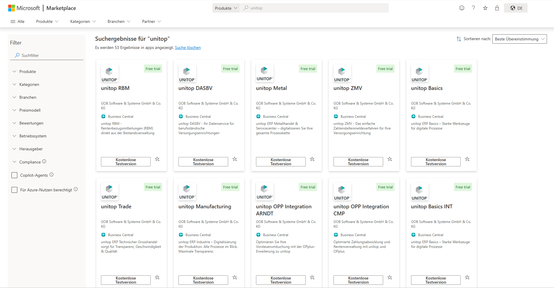 Microsoft Marketplaxe unitop Apps (Auszug der Übersicht)
